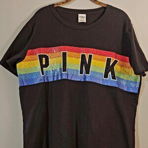 Victoria's Secret PINK T-Shirt Black Rainbow Glitter Rhinestone
